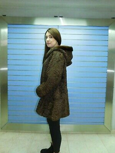 Pre-owned Fenzo Furs Luxury Brown Swakara Fur Coat With Hood- Swakara Full Skin Coat With Mink Trim