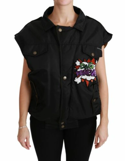 Pre-owned Dolce & Gabbana Dolce&gabbana Women Black Bomber Jacket Acrylic Detachable Sleeves Overcoat Vest