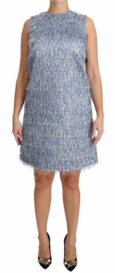 Pre-owned Dolce & Gabbana Dolce&gabbana Women Light Blue Dress Polyester Fringe Trapeze Shift Bodycon