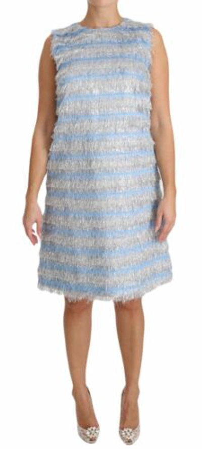 Pre-owned Dolce & Gabbana Dolce&gabbana Women Light Blue Dress Polyester Striped Fringe Trapeze Bodycon