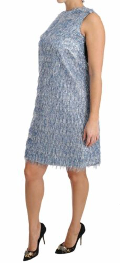 Pre-owned Dolce & Gabbana Dolce&gabbana Women Light Blue Dress Polyester Fringe Trapeze Shift Bodycon