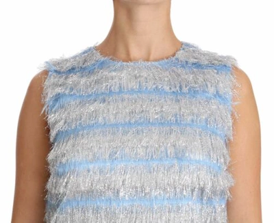 Pre-owned Dolce & Gabbana Dolce&gabbana Women Light Blue Dress Polyester Striped Fringe Trapeze Bodycon