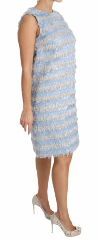 Pre-owned Dolce & Gabbana Dolce&gabbana Women Light Blue Dress Polyester Striped Fringe Trapeze Bodycon