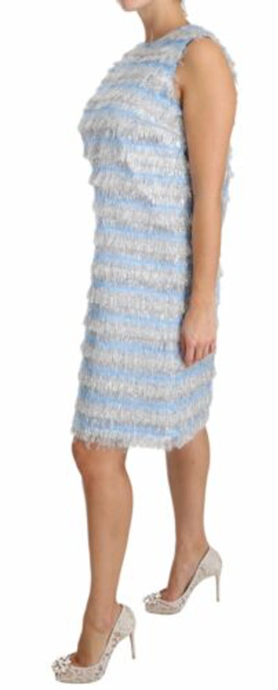 Pre-owned Dolce & Gabbana Dolce&gabbana Women Light Blue Dress Polyester Striped Fringe Trapeze Bodycon