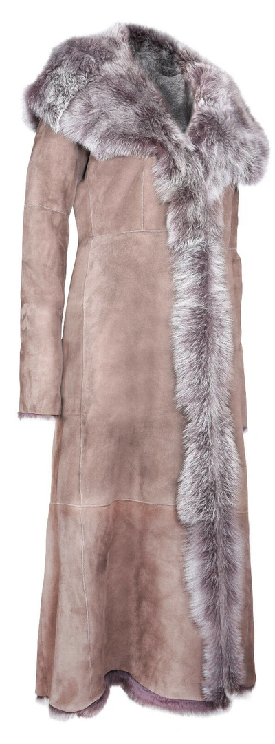 Pre-owned Infinity Taupe Full Length Hooded Ladies Suede Toscana Sheepskin Leather Trench Coat In Beige