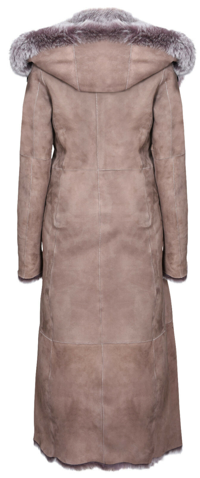 Pre-owned Infinity Taupe Full Length Hooded Ladies Suede Toscana Sheepskin Leather Trench Coat In Beige