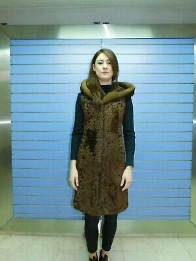 Pre-owned Fenzo Furs Natural Full Skin Swakara Fur Vest With Hood- Swakara With Hood And Mink Trim In Brown
