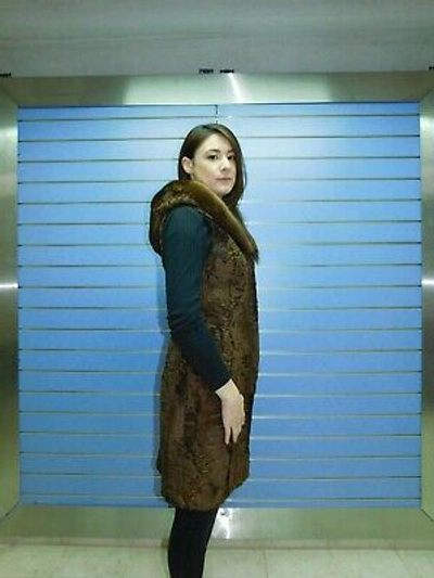 Pre-owned Fenzo Furs Natural Full Skin Swakara Fur Vest With Hood- Swakara With Hood And Mink Trim In Brown