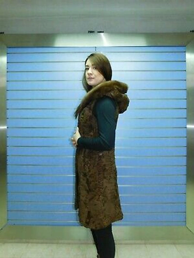 Pre-owned Fenzo Furs Natural Full Skin Swakara Fur Vest With Hood- Swakara With Hood And Mink Trim In Brown