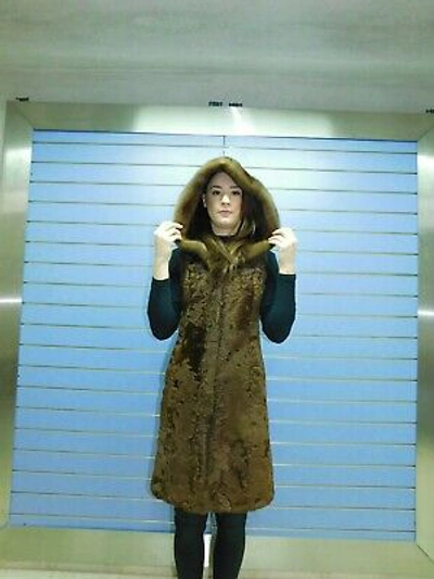 Pre-owned Fenzo Furs Natural Full Skin Swakara Fur Vest With Hood- Swakara With Hood And Mink Trim In Brown