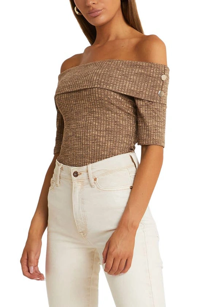 Shop River Island Space Dye Off The Shoulder Top In Brown