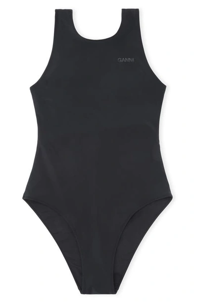 Shop Ganni Core Solid High Neck One-piece Swimsuit In Black
