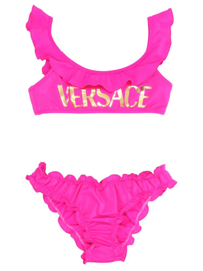 Shop Versace Kids Logo Printed Sleeveless Bikini Set In Pink