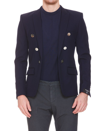 Shop Balmain Logo Button Embellished Tailored Blazer In Blue