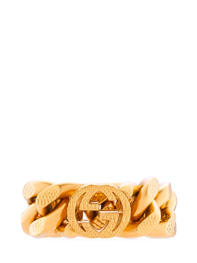 Shop Gucci Logo Detailed Interlocking Chain Ring In Gold