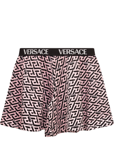Shop Versace Kids La Greca Printed A-line Shorts