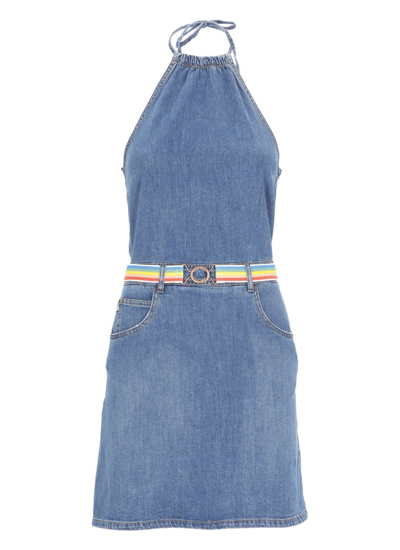 Shop Love Moschino Logo Patch Belted Halterneck Denim Dress In Blue