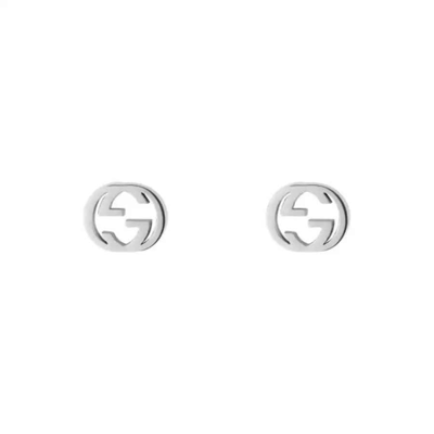 Shop Gucci Interlocking G 18ct White Gold Stud Earrings In Silver-tone