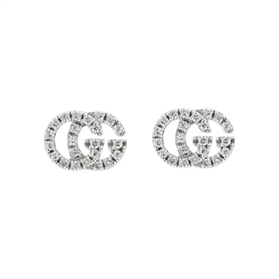Gucci Gg Running White Gold Pave Diamond Stud Earrings In Silver-tone