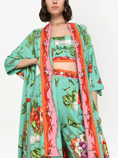 Shop Dolce & Gabbana Vegetable-print Charmeuse Robe Jacket In Green