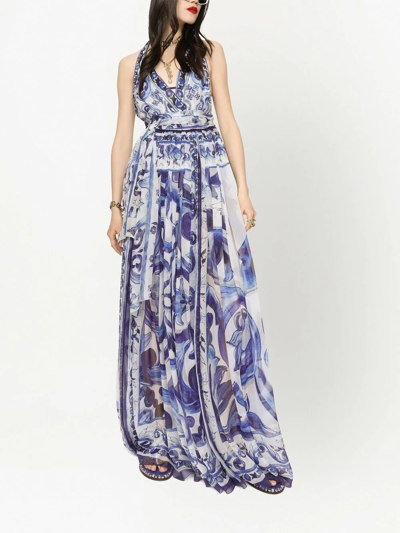 Dolce & Gabbana Majolica-print Halterneck Maxi Dress In White