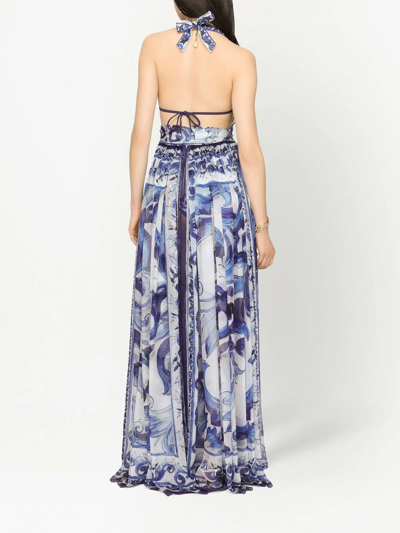 Dolce & Gabbana Majolica-print Halterneck Maxi Dress In White