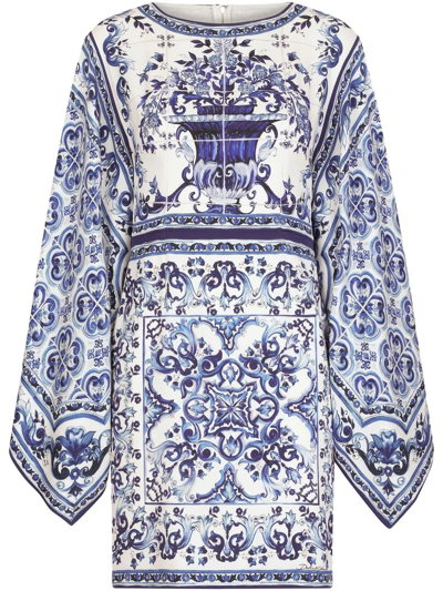 Dolce & Gabbana Short Majolica-print Charmeuse Dress In Blue