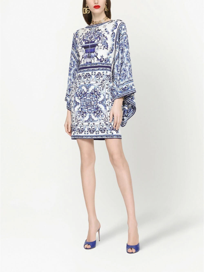 Shop Dolce & Gabbana Majolica-print Batwing-sleeve Minidress In Blue