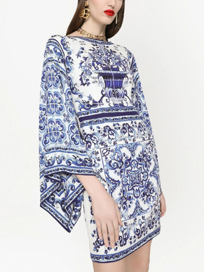 Shop Dolce & Gabbana Majolica-print Batwing-sleeve Minidress In Blue