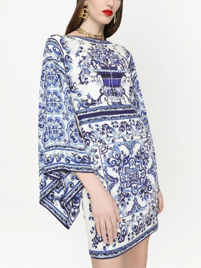 Dolce & Gabbana Short Majolica-print Charmeuse Dress In Blue
