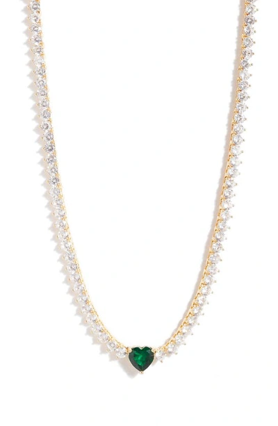 Shop Adinas Jewels Heart Pendant Tennis Necklace In Emerald Green