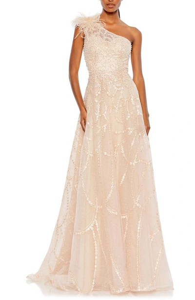 Shop Mac Duggal Beaded One-shoulder A-line Gown In Peach