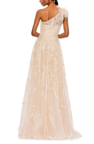 Shop Mac Duggal Beaded One-shoulder A-line Gown In Peach