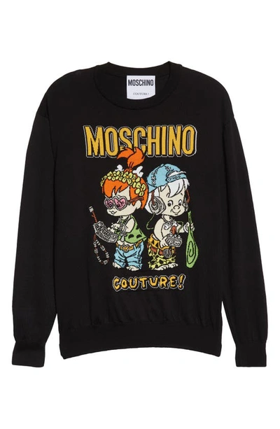 Shop Moschino X 'the Flintstones' Intarsia Cotton Sweater In Fantasy Print Black