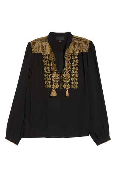 Shop Nili Lotan Renee Embroidered Placket Silk Top In Black W/ Gold Embroidery