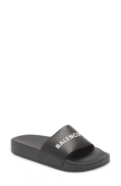 Shop Balenciaga Kids' Logo Pool Slide Sandal In Black/ White