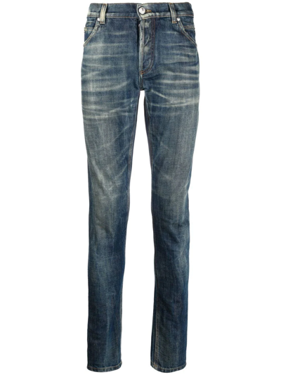 Shop Balmain Whiskering-effect Slim Denim Jeans In Blue