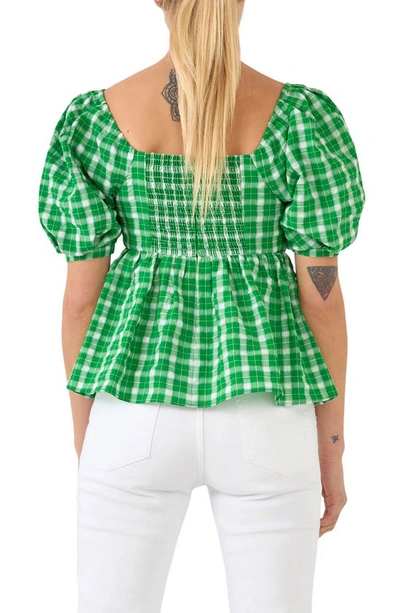 English Factory Twist Front Gingham Puff Sleeve Top In Green