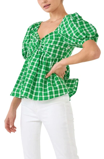English Factory Twist Front Gingham Puff Sleeve Top In Green