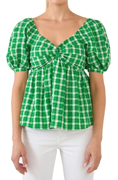 English Factory Twist Front Gingham Puff Sleeve Top In Green