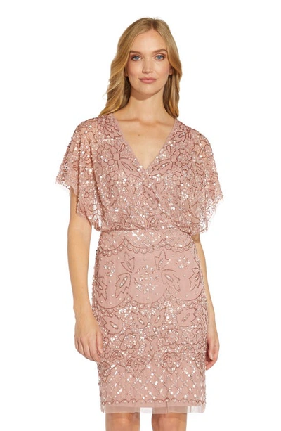 Shop Adrianna Papell Beaded Mesh Sheath Cocktail Dress In Candied Ginger