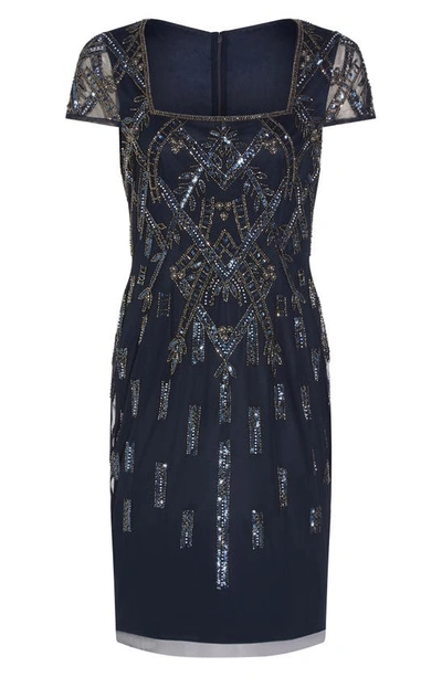 Shop Adrianna Papell Beaded Cap Sleeve Sheath Dress In Midnight