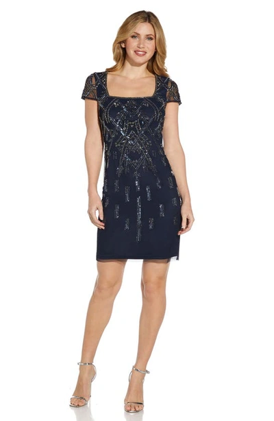 Shop Adrianna Papell Beaded Cap Sleeve Sheath Dress In Midnight