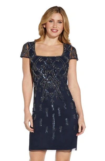 Shop Adrianna Papell Beaded Cap Sleeve Sheath Dress In Midnight