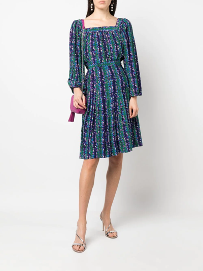 Pre-owned Saint Laurent 1970s Floral-print Silk Blouse-skirt Set In Blue