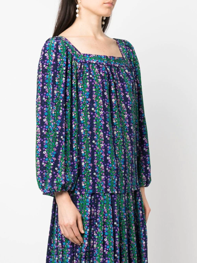 Pre-owned Saint Laurent 1970s Floral-print Silk Blouse-skirt Set In Blue