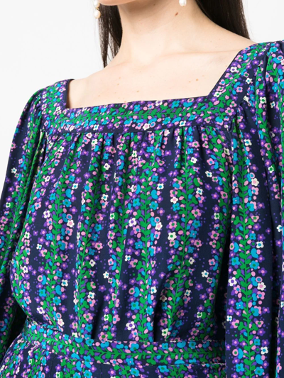 Pre-owned Saint Laurent 1970s Floral-print Silk Blouse-skirt Set In Blue