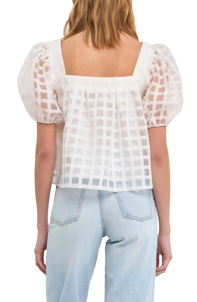Shop English Factory Grid Pattern Puff Sleeve Organza Top In White