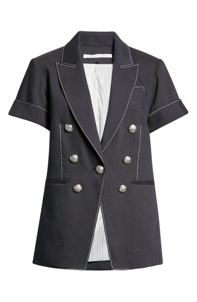 Shop Veronica Beard Hastings Short Sleeve Linen Blend Dickey Jacket In Navy