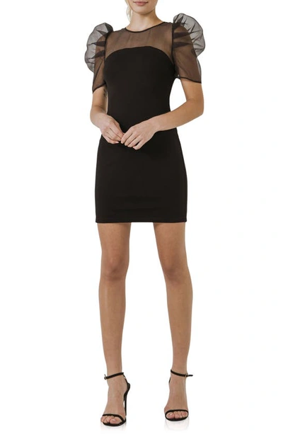 Endless Rose Mixed Media Puff Sleeve Minidress In Black